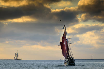 Sailboats sailing on sea against cloudy sky during sunset