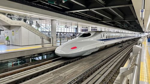 High angle view of train at railroad station