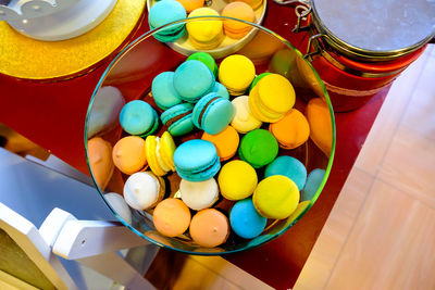 Close-up of multi colored candies in bowl