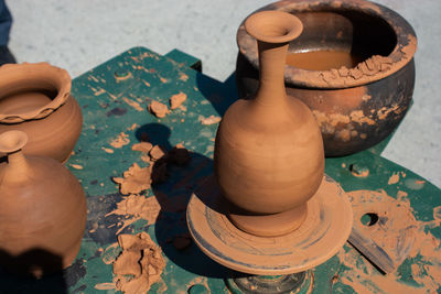 Cropped hand of person making pottery wheel