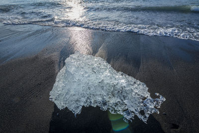 High angle view of glacier on sea shore