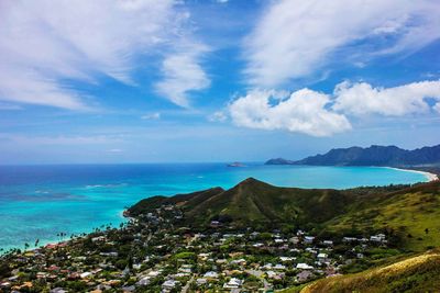 High angle view of oahu against sky