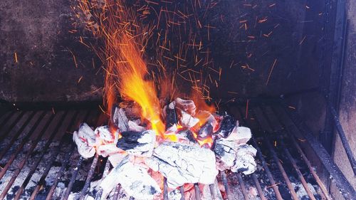 High angle view of bonfire at night