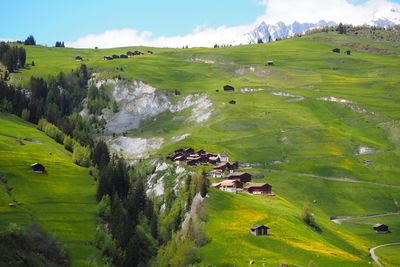 Scenic view of houses on landscape against sky