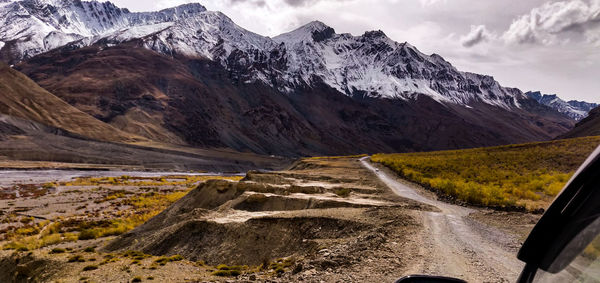 Scenic view of snowcapped mountains against sky