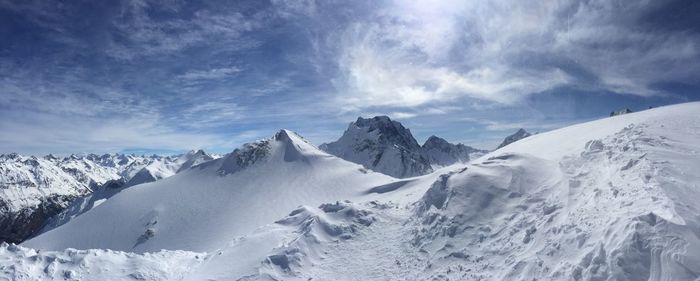 Panoramic view of snowcapped mountains against sky