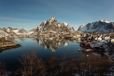 Scenic view of lake and snowcapped mountains against sky