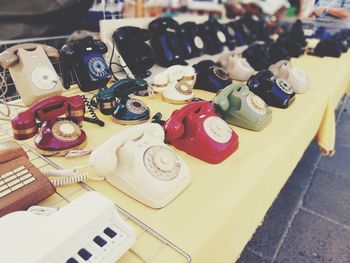 High angle view of various displayed on table