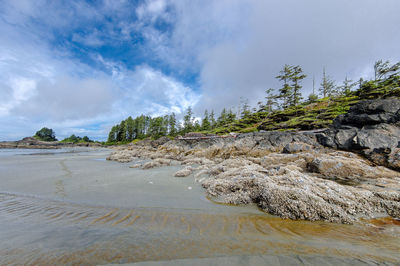 Scenic view of rocks on beach against sky