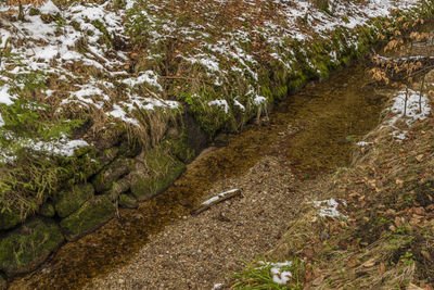 High angle view of stream flowing through rocks