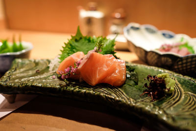 Close-up of sushi served in plate on table