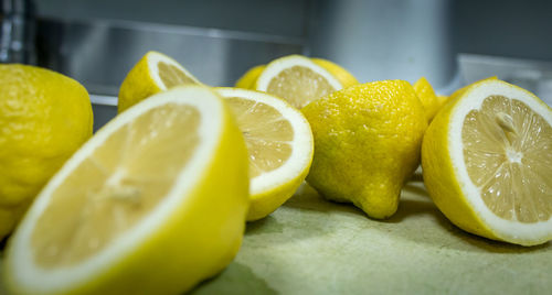 Close-up of lemon slices on table