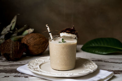 Close-up of drink served on table