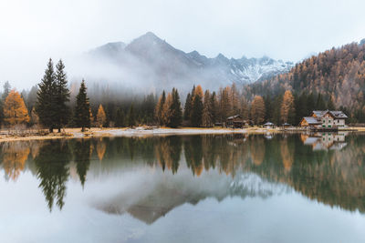 Scenic view of lake by trees against sky