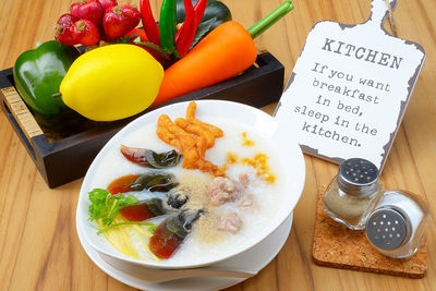 High angle view of fruits in plate on table