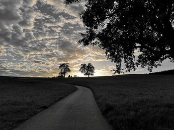 Road amidst trees on field against sky