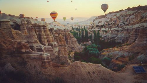 View of hot air balloon over rocks