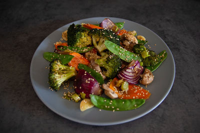 High angle view of salad in plate on table