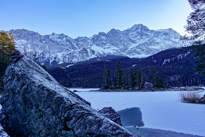 Scenic view of snowcapped mountains and lake against sky