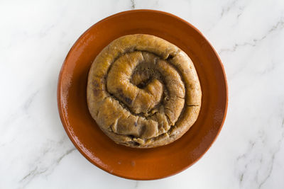 Top view of portuguese easter cake called folar algarvio de olhao