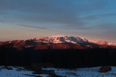 Scenic view of snow covered mountains against sky