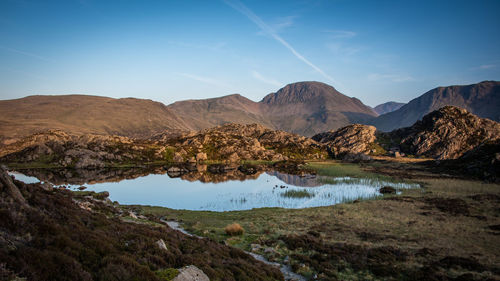 The evening light on the lakeland mountain of great gable reflecting in innominate tarn