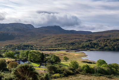 Scenic view of landscape and lake against sky