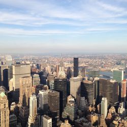 Aerial view of buildings in city against sky