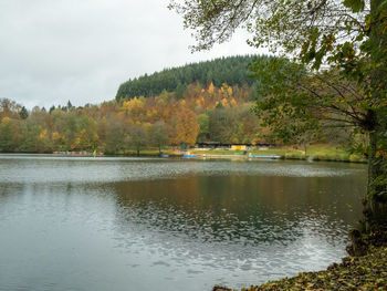 Scenic view of lake in forest against sky during autumn