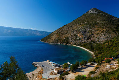 Panoramic shot of sea against clear blue sky