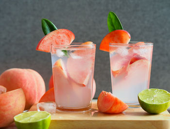 Close-up of peach sparkling water drink.
