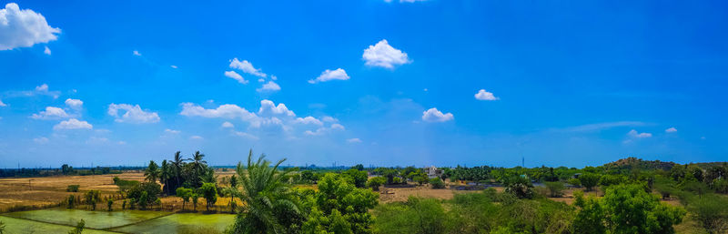 Panoramic view of agricultural field against sky