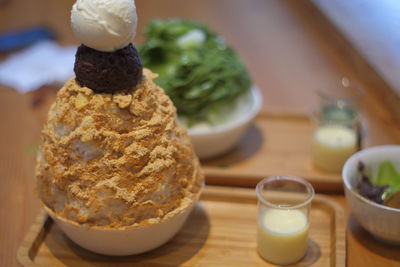 Close-up of breakfast served on table