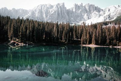 Scenic view of lake and snowcapped mountains during winter