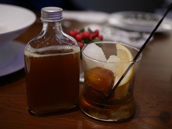 Close-up of beer in glass on table