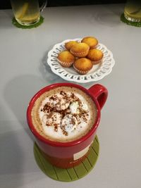 High angle view of coffee on table