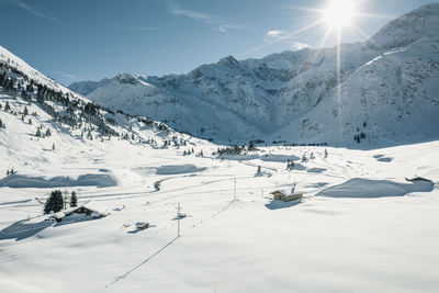 Aerial view at snow covered highlands winter wonderland in sportgastein, salzburg, austria