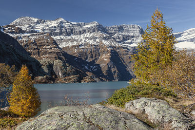 Emosson lake in autumn, valais wallis, switzerland