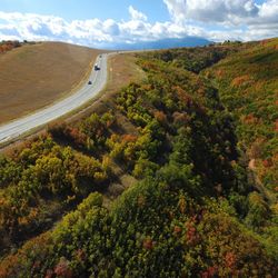 High angle view of road amidst trees against sky