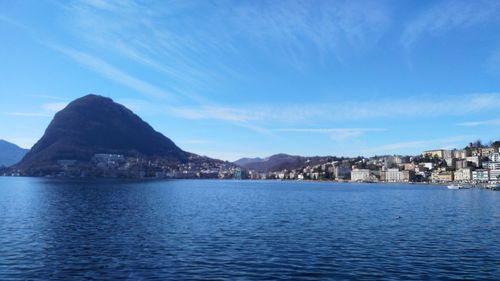 Scenic view of sea by city buildings against sky