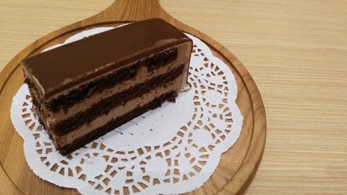 High angle view of cake in plate on table