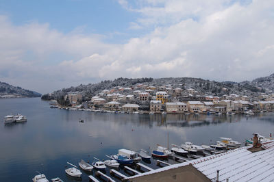 Panoramic view of townscape by river against sky