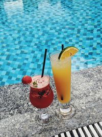 Beer on table by swimming pool