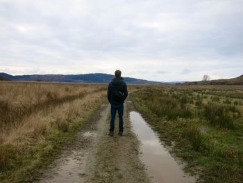 Rear view of man walking on field against sky