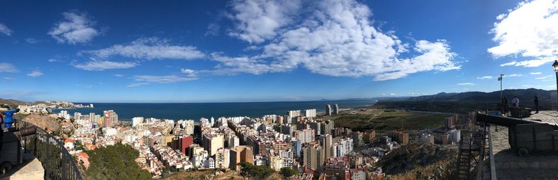 Panoramic view of buildings against cloudy sky