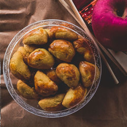 High angle view of food in container on table