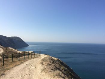 Scenic view of sea against clear blue sky