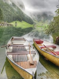 Boat moored on lake against trees