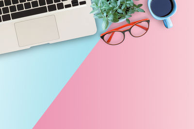 High angle view of laptop on table at home