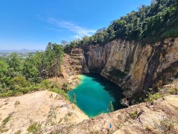 Scenic view of rocks and trees against sky
